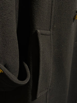 Chanel Vintage 1990s Black Wool Double Breasted Long Overcoat Gold CC Crest Buttons Trench Coat