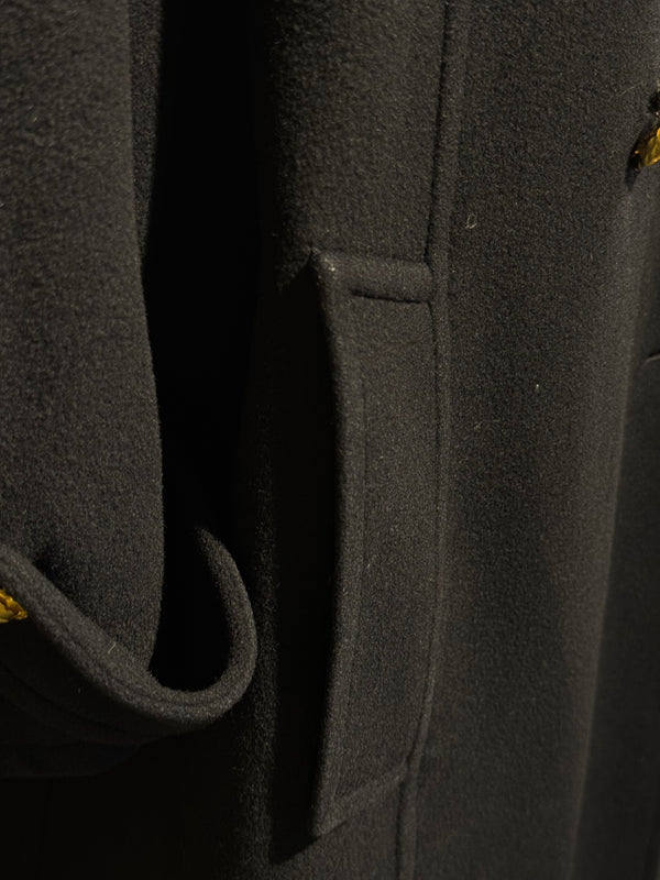 Chanel Vintage 1990s Black Wool Double Breasted Long Overcoat Gold CC Crest Buttons Trench Coat
