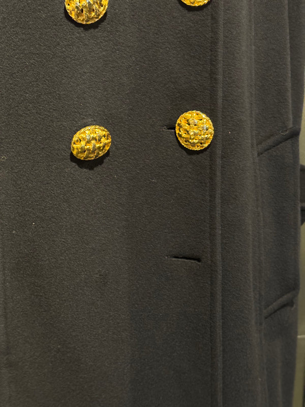 Chanel Vintage 1990s Black Wool Double Breasted Long Overcoat Gold CC Crest Buttons Trench Coat