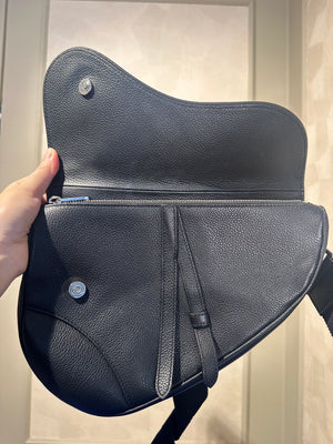 Dior Saddle Black Crossbody and Shoulder Bag Unisex Grained Calfskin Flap Style Full Black Monochrome Adjustable