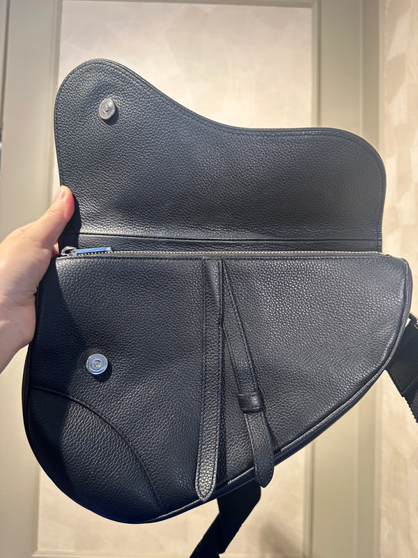 Dior Saddle Black Crossbody and Shoulder Bag Unisex Grained Calfskin Flap Style Full Black Monochrome Adjustable