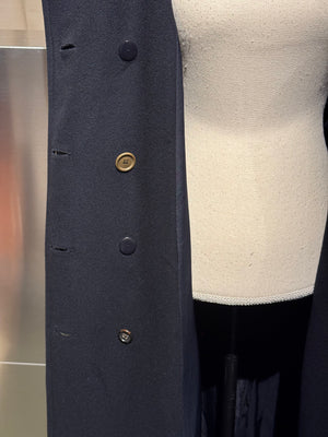 Chanel Vintage 1990s Black Wool Double Breasted Long Overcoat Gold CC Crest Buttons Trench Coat