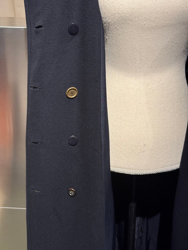 Chanel Vintage 1990s Black Wool Double Breasted Long Overcoat Gold CC Crest Buttons Trench Coat