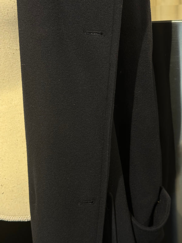 Chanel Vintage 1990s Black Wool Double Breasted Long Overcoat Gold CC Crest Buttons Trench Coat
