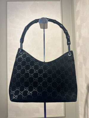 Gucci Bamboo shoulder bag glossy black suede leather iconic bamboo Top Handle Black Monochrome Tom Ford Era