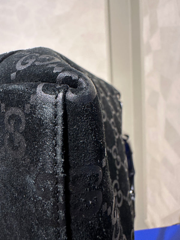 Gucci Bamboo shoulder bag glossy black suede leather iconic bamboo Top Handle Black Monochrome Tom Ford Era