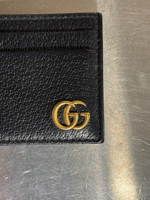 Gucci GG Marmont Black Leather Card Holder Wallet Gold Hardware Double G Logo Case
