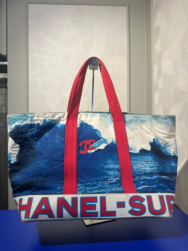 Chanel Karl Lagerfeld Iconic 2002 Surf High Summer Canvas XL Tote Bag Red Blue Wave CC Rare Collectors Piece