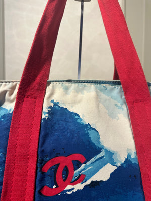 Chanel Karl Lagerfeld Iconic 2002 Surf High Summer Canvas XL Tote Bag Red Blue Wave CC Rare Collectors Piece
