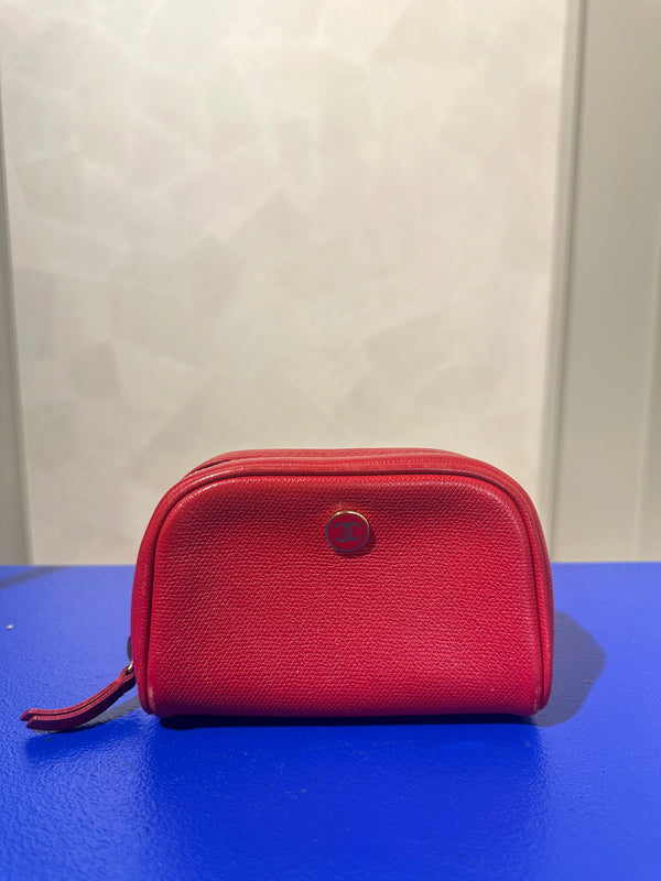 Chanel Red Leather CC Button Detail Cosmetic Case Small Makeup Bag Pouch Zip up Gold Hardware Vintage