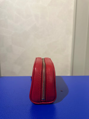 Chanel Red Leather CC Button Detail Cosmetic Case Small Makeup Bag Pouch Zip up Gold Hardware Vintage