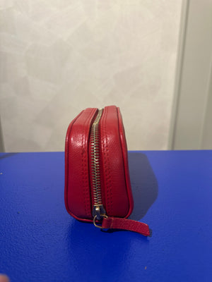 Chanel Red Leather CC Button Detail Cosmetic Case Small Makeup Bag Pouch Zip up Gold Hardware Vintage