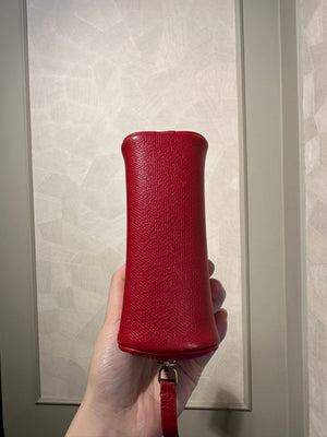 Chanel Red Leather CC Button Detail Cosmetic Case Small Makeup Bag Pouch Zip up Gold Hardware Vintage