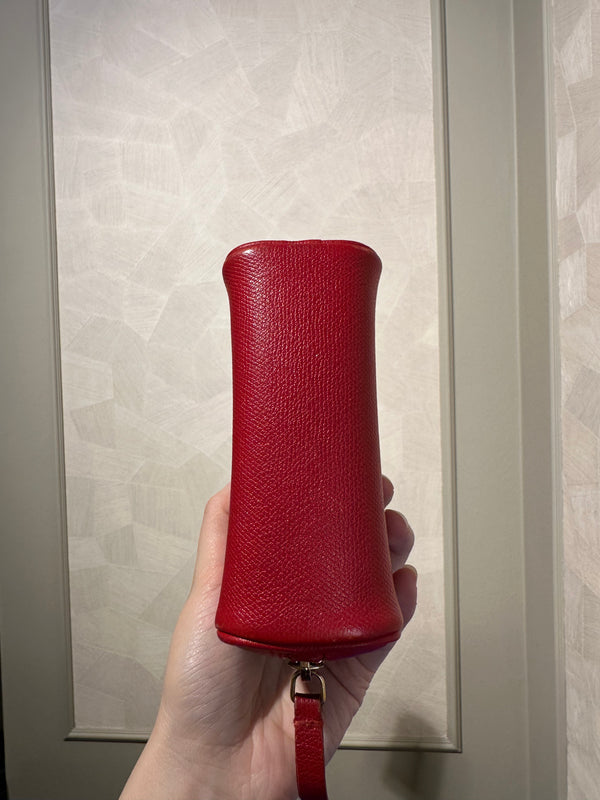 Chanel Red Leather CC Button Detail Cosmetic Case Small Makeup Bag Pouch Zip up Gold Hardware Vintage