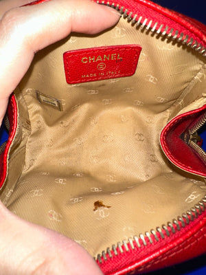 Chanel Red Leather CC Button Detail Cosmetic Case Small Makeup Bag Pouch Zip up Gold Hardware Vintage