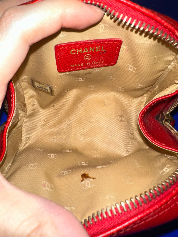 Chanel Red Leather CC Button Detail Cosmetic Case Small Makeup Bag Pouch Zip up Gold Hardware Vintage