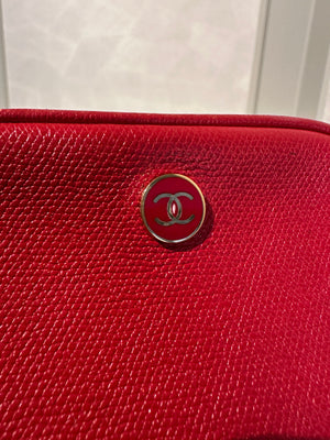 Chanel Red Leather CC Button Detail Cosmetic Case Small Makeup Bag Pouch Zip up Gold Hardware Vintage