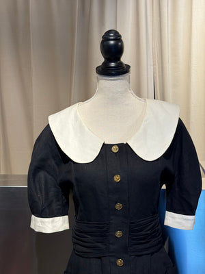 Chanel Boutique Karl Lagerfeld Spring/Summer 1988 Black Linen Claudine Midi Dress with Gold CC Buttons