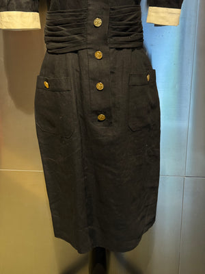 Chanel Boutique Karl Lagerfeld Spring/Summer 1988 Black Linen Claudine Midi Dress with Gold CC Buttons