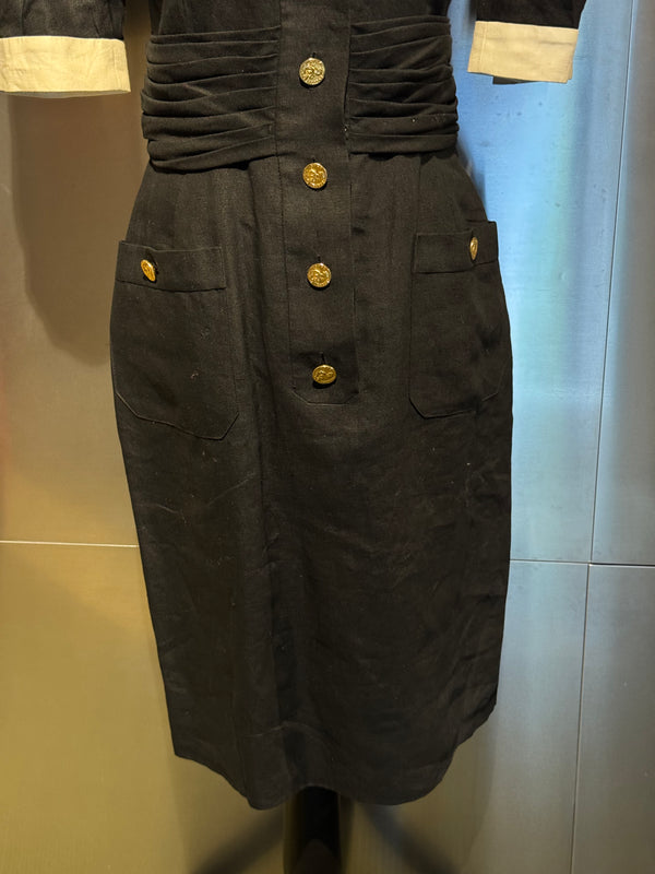 Chanel Boutique Karl Lagerfeld Spring/Summer 1988 Black Linen Claudine Midi Dress with Gold CC Buttons