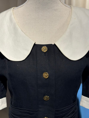 Chanel Boutique Karl Lagerfeld Spring/Summer 1988 Black Linen Claudine Midi Dress with Gold CC Buttons