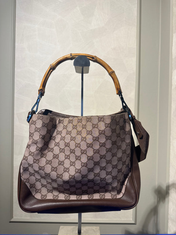 Gucci Bamboo Tote Bag GG Canvas Brown Monogram Shoulder bag logo tote bamboo handle emblem leather trim 2000s