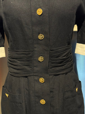 Chanel Boutique Karl Lagerfeld Spring/Summer 1988 Black Linen Claudine Midi Dress with Gold CC Buttons