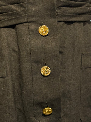 Chanel Boutique Karl Lagerfeld Spring/Summer 1988 Black Linen Claudine Midi Dress with Gold CC Buttons