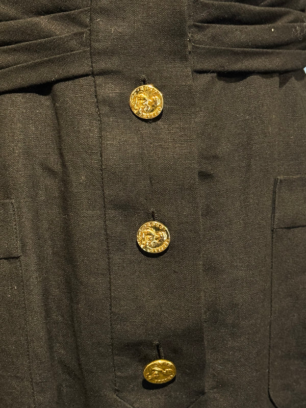 Chanel Boutique Karl Lagerfeld Spring/Summer 1988 Black Linen Claudine Midi Dress with Gold CC Buttons
