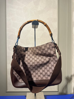 Gucci Bamboo Tote Bag GG Canvas Brown Monogram Shoulder bag logo tote bamboo handle emblem leather trim 2000s