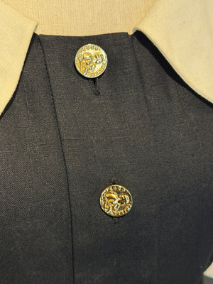 Chanel Boutique Karl Lagerfeld Spring/Summer 1988 Black Linen Claudine Midi Dress with Gold CC Buttons