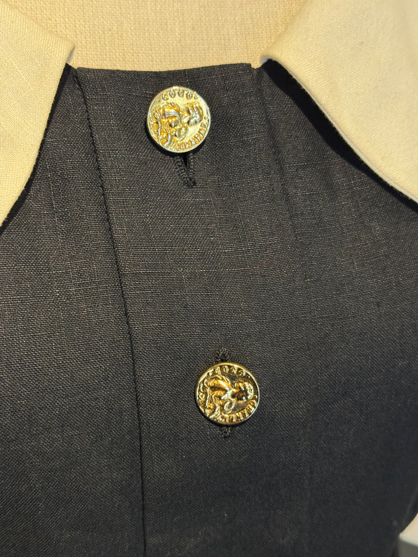 Chanel Boutique Karl Lagerfeld Spring/Summer 1988 Black Linen Claudine Midi Dress with Gold CC Buttons