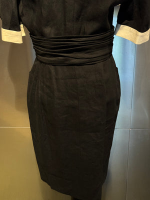Chanel Boutique Karl Lagerfeld Spring/Summer 1988 Black Linen Claudine Midi Dress with Gold CC Buttons