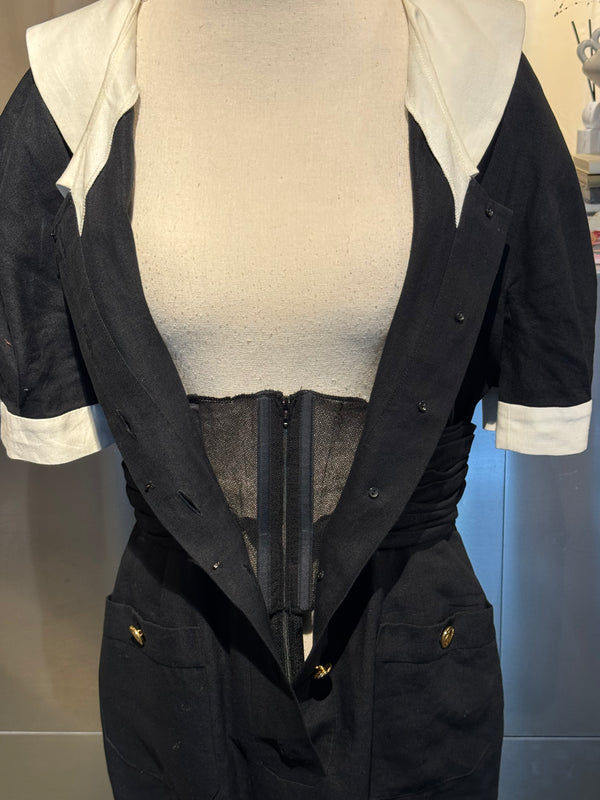 Chanel Boutique Karl Lagerfeld Spring/Summer 1988 Black Linen Claudine Midi Dress with Gold CC Buttons