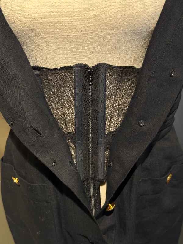 Chanel Boutique Karl Lagerfeld Spring/Summer 1988 Black Linen Claudine Midi Dress with Gold CC Buttons