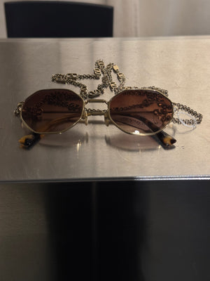 Valentino VA2040 Vintage Geometric Sunglasses Gold Tone Metal Frame Brown Gradient Lenses VLogo Chain