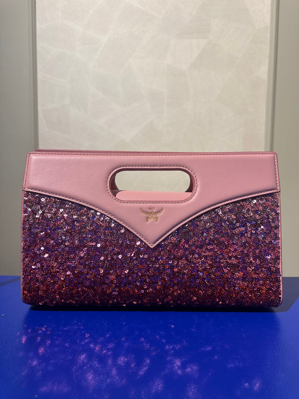 MCM Crossbody bag clutch shoulder bag adjustable diamond with pink sequins pink monochrome