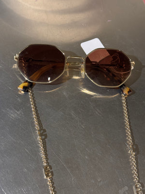 Valentino VA2040 Vintage Geometric Sunglasses Gold Tone Metal Frame Brown Gradient Lenses VLogo Chain