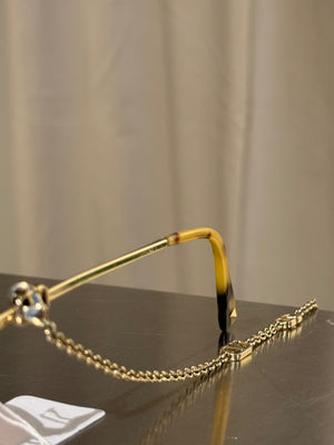 Valentino VA2040 Vintage Geometric Sunglasses Gold Tone Metal Frame Brown Gradient Lenses VLogo Chain