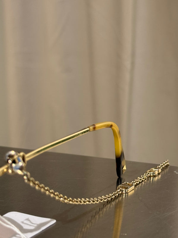 Valentino VA2040 Vintage Geometric Sunglasses Gold Tone Metal Frame Brown Gradient Lenses VLogo Chain