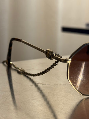 Valentino VA2040 Vintage Geometric Sunglasses Gold Tone Metal Frame Brown Gradient Lenses VLogo Chain