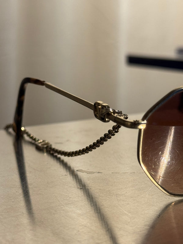 Valentino VA2040 Vintage Geometric Sunglasses Gold Tone Metal Frame Brown Gradient Lenses VLogo Chain