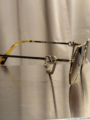Valentino VA2040 Vintage Geometric Sunglasses Gold Tone Metal Frame Brown Gradient Lenses VLogo Chain