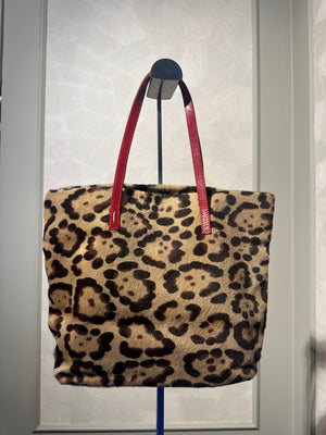 Rare Vintage Valentino leopard print calf hair bag red leather trim mini tote open bag