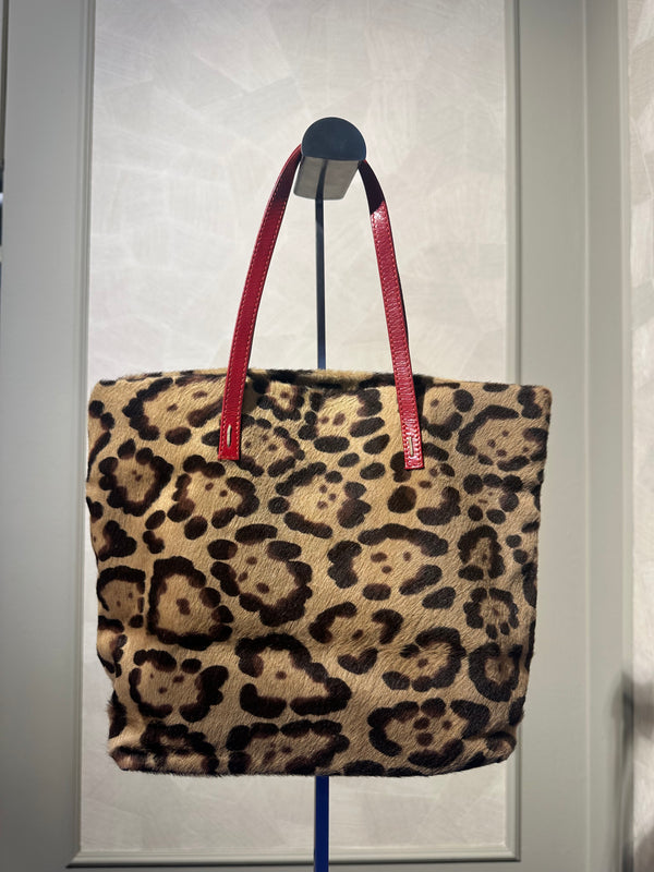 Rare Vintage Valentino leopard print calf hair bag red leather trim mini tote open bag