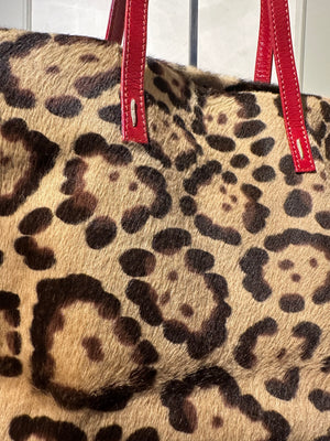 Rare Vintage Valentino leopard print calf hair bag red leather trim mini tote open bag