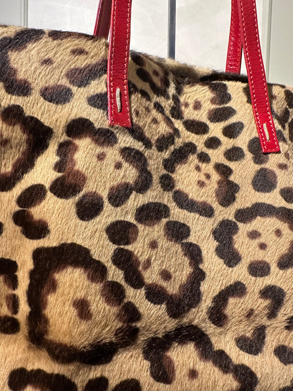 Rare Vintage Valentino leopard print calf hair bag red leather trim mini tote open bag