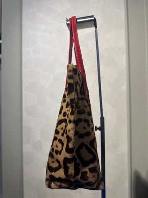 Rare Vintage Valentino leopard print calf hair bag red leather trim mini tote open bag