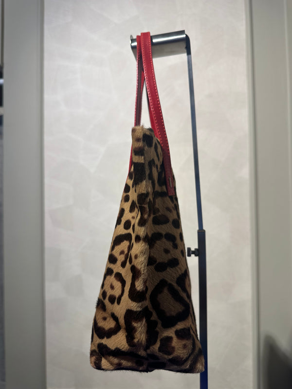 Rare Vintage Valentino leopard print calf hair bag red leather trim mini tote open bag