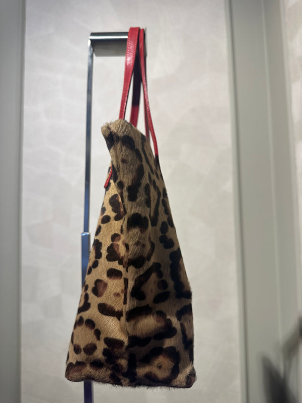 Rare Vintage Valentino leopard print calf hair bag red leather trim mini tote open bag